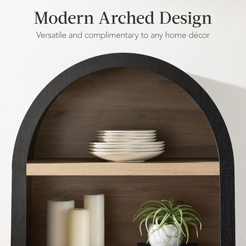Best Choice Products 72" Tall Arched Pantry Cabinet w/Reeded Doors, 5-Tier Bookshelf, Armoire, Hutch, Bookcase, Storage Cabinet w/Adjustable Shelves, for Dining Room and Livingroom - Black Oak