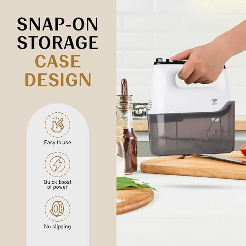 Moss & Stone White Hand Mixer With Snap-On Storage Case, 6 Speed Hand Mixer Electric, 250w Power handheld Mixer for Baking Cake Egg Cream Food Beater, & 4 Stainless Steel Accessories