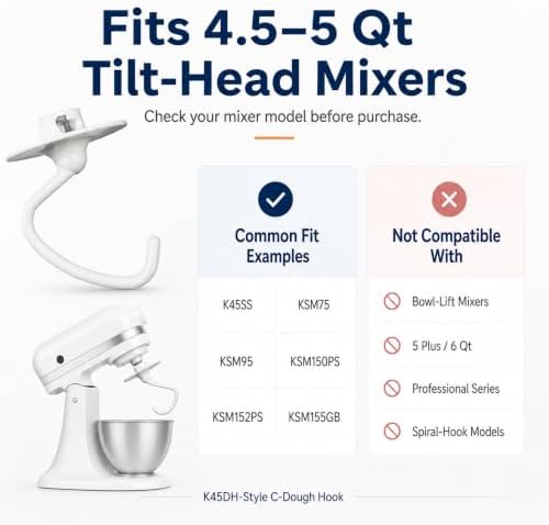 K45DH Dough Hook, 1 Pack for Kitchen Aid 4.5-5 Qt Tilt-Head Mixers