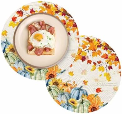 Fall Round Placemats Set of 2 Thanksgiving Autumn Maple Leaves Place Mats Woven Placemat Sunflower Orange Blue Green Pumpkin Circle Braided Table Mat for Kitchen Holiday Party Fall Decor 15 Inch