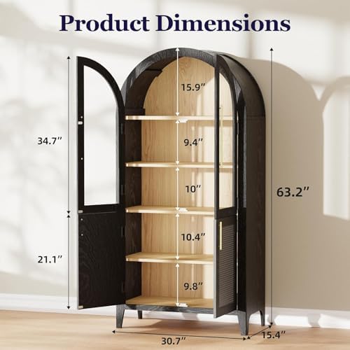 63" Tall Arched Cabinet with Glass Doors, Kitchen Pantry Storage Cabinet with Dust-Proof Rattan, 5-Tier Curio China Cabinet with Adjustable Shelves for Living Room Dining Room, Black