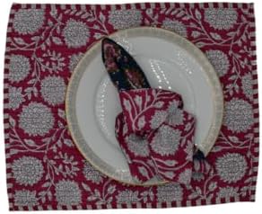 Cotton Block Print Quilted Reversible Placemats with Napkins, Floral Design, Dining Table Decor for Everyday Use, Set of 4 (Navy/Pink)