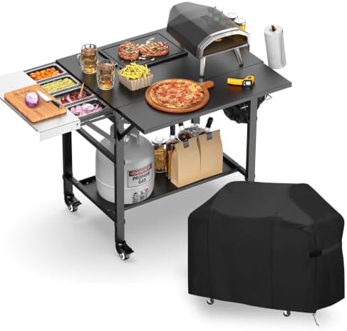 Pizza Oven Table with Cover, Folding Grill Table Solid and Sturdy