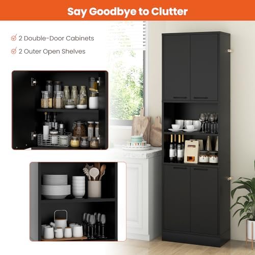 GIANTEX Kitchen Pantry Cabinet, 75” Tall Freestanding Cupboard with Doors & Shelves, Safety Hinges & Anti-Tipping Devices, Storage Sideboard for Dining Room, Living Room (Black)