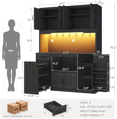 Fluted Kitchen Pantry Cabinet with Charging Station & LED Light, 47" Wide Kitchen Pantry Storage Cabinet with Countertop, Microwave & Appliance Storage, Food Pantry Cabinet for Dining Room ,Black