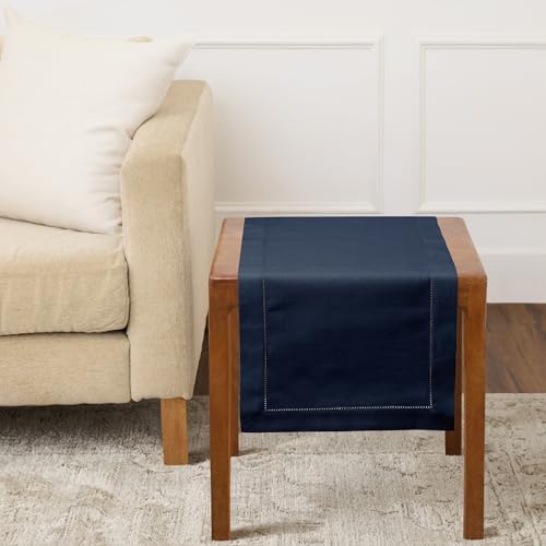 Solino Home Cotton Linen Table Runner Navy, Hemstitch Collection 14 x 36 in