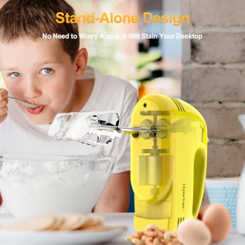 LILPARTNER Hand Mixer Electric, Ultra Power Kitchen Hand Mixer With 7-Speed & 5 Stainless Steel Accessories for Whipping Dough, Cream, Cake, Dishwasher Safe, Light Yellow