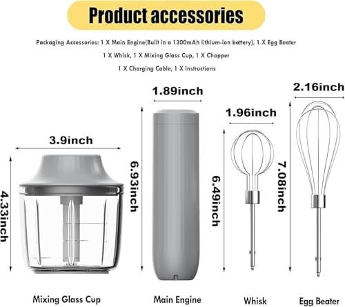 Cordless Hand Mixer, 4-in-1 Handheld Electric Mixer with Electric Whisk Frother & 10 oz Mini Food Chopper, USB-C Rechargeable 4-Speed Hand Mixer for Eggs, Cream, Coffee & Small-Batch Prep