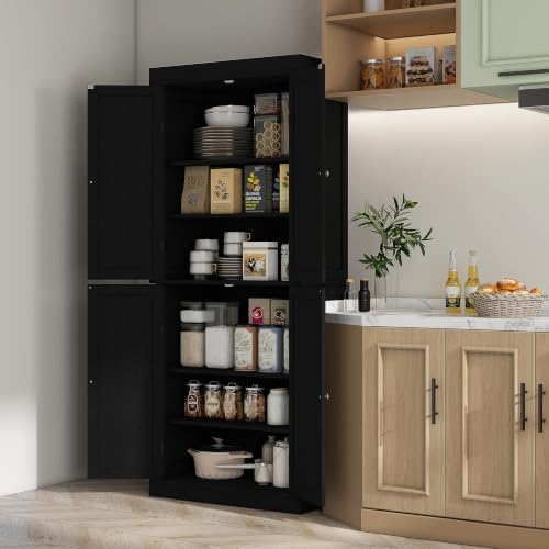 HOMCOM 72.5" Tall Kitchen Pantry Cabinet 4 Doors Modern Black Wood Grain