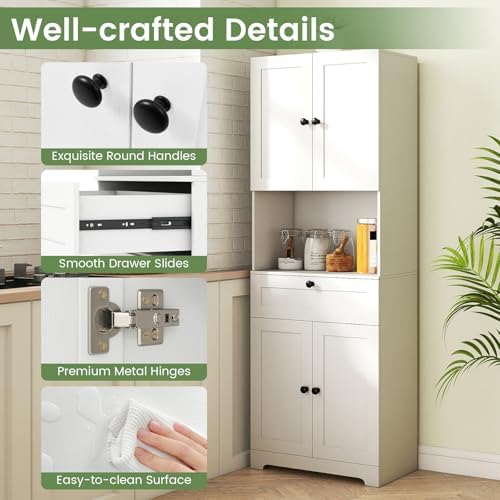 GIANTEX Kitchen Pantry Cabinet, 67.5" Tall Floor Storage Cabinet w/4 Doors & 1 Drawer, Modern Freestanding Bathroom Organizer w/Open Countertop & Adjustable Shelf for Dining Room, Living Room (White)