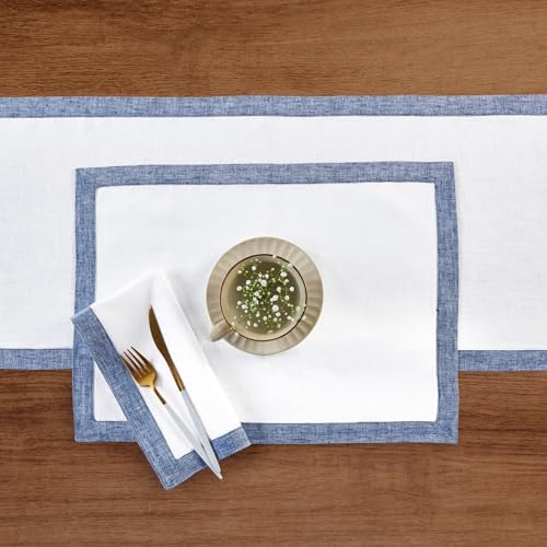 Solino Home 100% Linen Placemats, 14 x 19 in, Indigo and White, Set of 4