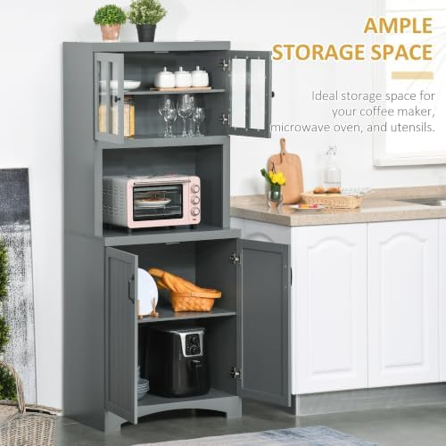 HOMCOM Kitchen Hutch 70" Pantry Cabinet Glass Framed Door Dining Room Gray