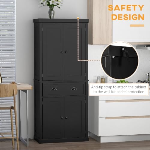 HOMCOM 72.5" Kitchen Pantry Cabinet Freestanding 4 Doors Black
