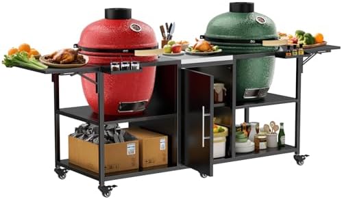 KEIKI Outdoor Grill Cart for Two Big Green Egg, Multi-Functional Movable BBQ Cart, Metal Grill Table Compatible with Large Big Green Egg, Kamado Joe 18 Inch,and Other Similar Models