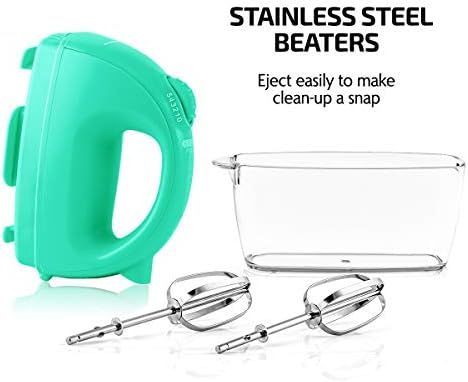 OVENTE Portable Electric Hand Mixer 5 Speed Mixing, 150W Powerful Blender for Baking & Cooking with 2 Stainless Steel Chrome Beater Attachments & Snap Clear Case Compact Easy Storage, Turquoise HM161T