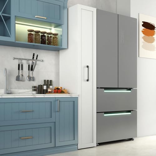 KEIKI Pull-Out Kitchen Pantry Storage Cabinet with Multi-Tier Shelf, Spice Rack Next to Fridge, Freestanding Wood Hutch Food Pantries Cupboard for Coffee Bar, Dining Room, Narrow Spaces