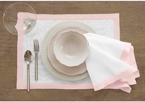 Solino Home 100% Pure Linen Placemats, 14 x 19 in, Pink and White, Set of 4