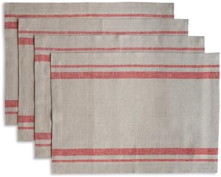 Solino Home 100% Linen Placemats, 14 x 19 in, Red, French Stripe, Set of 4