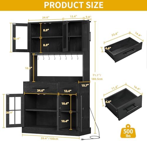 DWVO Kitchen Pantry Storage Cabinet with Microwave Stand, 71'' Tall Kitchen Hutch Cabinets with Power Outlet, Modern Food Pantry Hutch with Drawers ＆ Shelves for Home, Pack of 1, Black