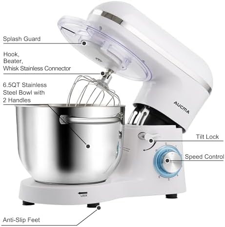 Aucma Stand Mixer,6.5-QT 660W 6-Speed Tilt-Head Food Mixer, Kitchen Electric Mixer with Dough Hook, Wire Whip & Beater (White, 6.5QT)