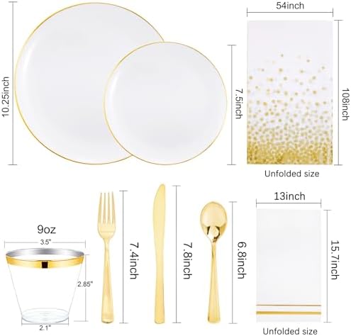 Festiva 175PCS White and Gold Plastic Plates - White with Gold Rim Fall Dinnerware Set - 25Guest include Plates Cups Cutlery Napkins for Birthday Party&Wedding& Thanksgiving