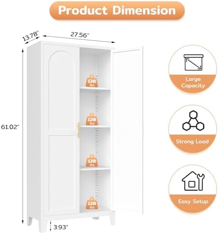 Zevemomo 61" H Metal Kitchen Pantry Cabinet, Freestanding Cupboard with 2 Doors and 3 Adjustable Shelves, Tall Metal Storage Cabinet for Kitchen, Bathroom, Dining Room or Laundry Room （White）