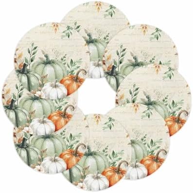 Fall Round Placemats Set of 8 Thanksgiving Sage Green Pumpkin Place Mats Washable Woven Placemat Floral Autumn Eucalyptus Leaves Circle Braided Table Mat for Kitchen Holiday Party Fall Decor 15 Inch
