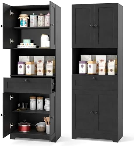 GIANTEX Kitchen Pantry Cabinet, 67.5" Tall Floor Storage Cabinet w/4 Doors & 1 Drawer, Modern Freestanding Bathroom Organizer w/Open Countertop & Adjustable Shelf for Dining Room, Living Room (Black)