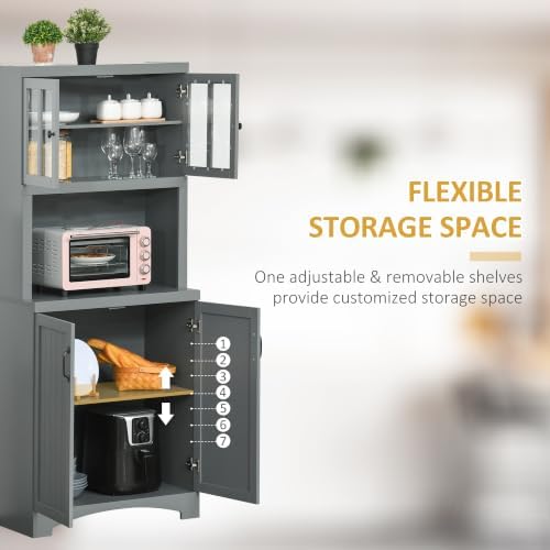 HOMCOM Kitchen Hutch 70" Pantry Cabinet Glass Framed Door Dining Room Gray