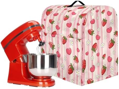 Cute Strawberry and Flower Stand Mixer Covers Compatible with 4.5-5 Quarts Kitchen Aid Stand Mixer Dust Protector Cover Organizers with Handle Pocket Pink