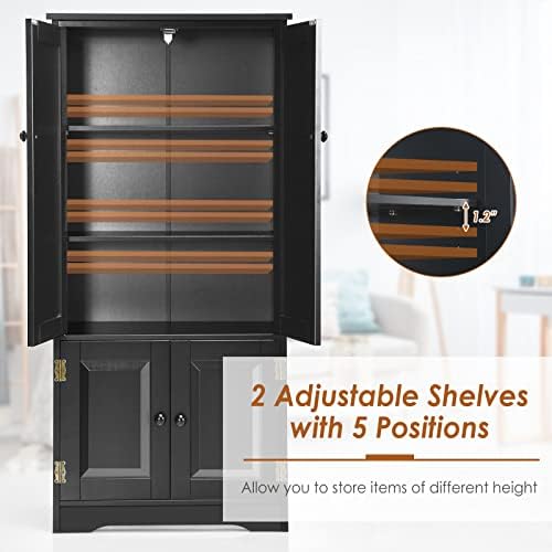 GIANTEX Kitchen Pantry Storage Cabinet, Wood Cupboard Organizer, Adjustable Shelf & Anti-Tilt Design Floor Cabinet for Living Room Bathroom (Black)