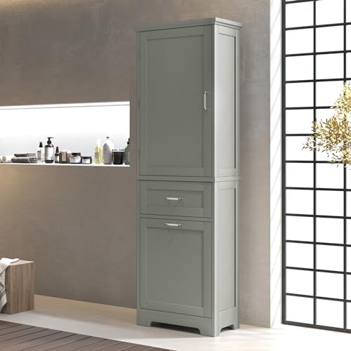 Merax 68.4" Pantry Cabinet with One Door & Two Drawers, Adjustable Shelves Storage Cupboard for Kitchen/Dining Room/Bathroom, Gray