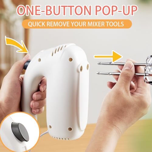 300W Hand Mixer Electric Handheld, 5 Speed Lightweight Kitchen Blender, Turbo Boost/Self-Control Speed Hand Held Beater Mixer with 4 Stainless Steel Whisks for Baking Cakes Eggs Cream, White