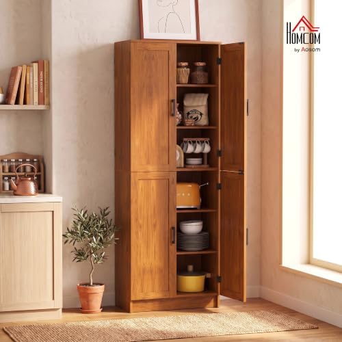 HOMCOM 67" Freestanding Kitchen Pantry 4-Door Cabinet Distressed Teak