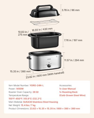 VEVOR Electric Roaster Oven, 26 Qt 1450W, Turkey Roasting Pan, Viewing Lid