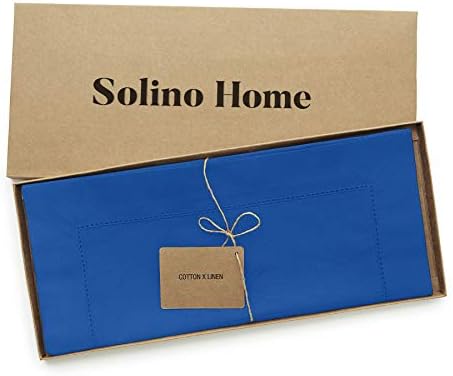 Solino Home Cotton Linen Table Runner Blue, Hemstitch Collection 14 x 90 in