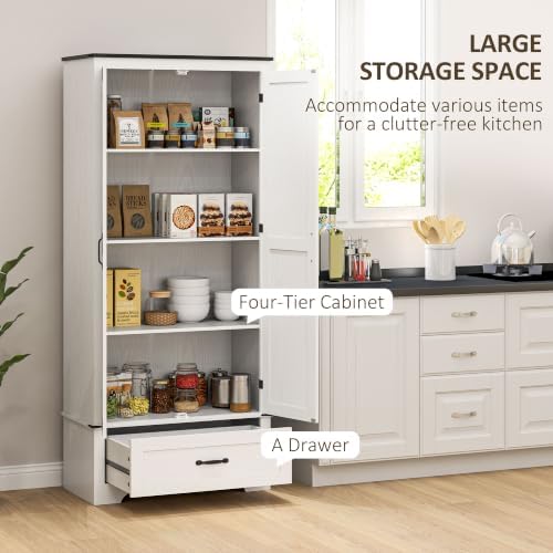 HOMCOM 72" Tall Kitchen Pantry Cabinet with Drawer, Distressed White