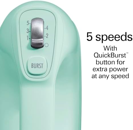 Hamilton Beach Professional 5-Speed Electric Hand Mixer with Snap-On Storage Case, QuickBurst, Stainless Steel Twisted Wire Beaters and Whisk, Mint (62658)