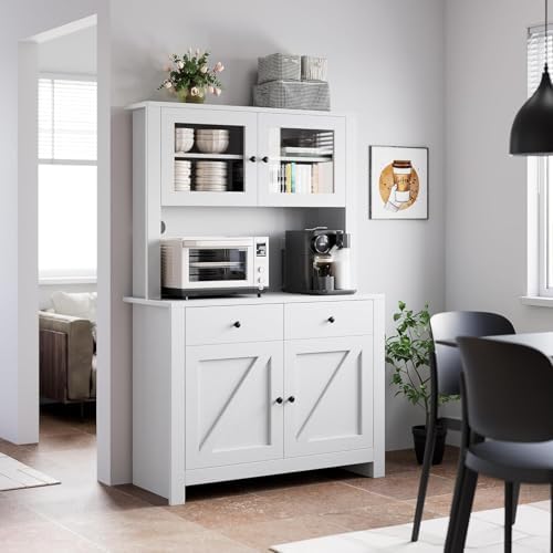 Jojoka 63" Tall Kitchen Pantry Hutch Cabinet with Drawers, Freestanding Storage Cabinet with Microwave Stand, Adjustable Shelves & Tempered Glass Doors for Dining Room Living Room,White
