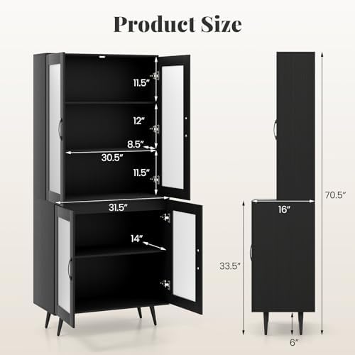 GIANTEX Kitchen Pantry Storage Cabinet, 70.5" Cupboard with 4 Transparent Doors, Adjustable Shelf & Metal Legs, Freestanding Tall Hutch Cabinet for Dining Room, Living Room, Office & Bathroom, Black