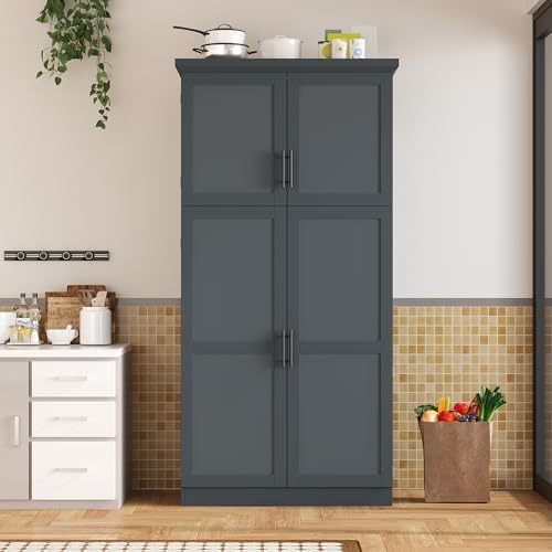 Merax 35.5x17.6x70.9 inches Freestanding Kitchen Pantry Cabinet, Tall Storage Cabinet with 4 Doors, 2 Door Shelves, 8 Pull-Out Trays and Adjustable Shelf for Dining Room, Gray
