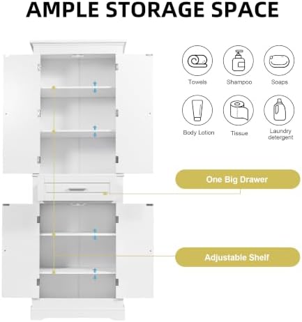 Merax 70" Tall Kitchen Pantry Cabinet with Four Doors & One Drawer, Storage Cupboard for Living Room/Dining Room/Bathroom, Adjustable Shelves, White
