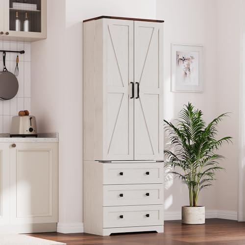 IDEALHOUSE Farmhouse Kitchen Pantry Cabinet - 72" Tall Large Wood Kitchen Storage Cabinets with Adjustable Shelves & 2 Barn Doors & 3 Drawer, Versatile Storage for Dining Room, Bathroom, Living Room