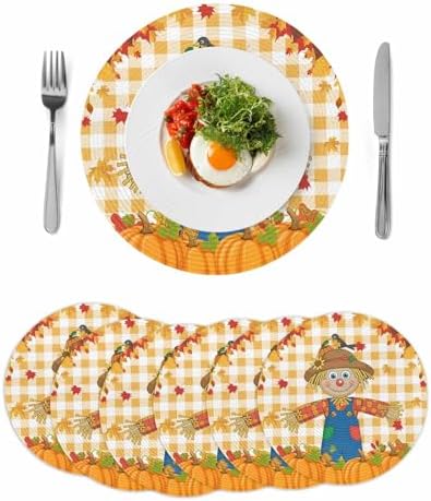 Fall Round Placemats Set of 6 Thanksgiving Scarecrows Crow Pumpkin Place Mats Woven Placemat Maple Leaf Orange Buffalo Plaid Circle Braided Table Mat for Kitchen Holiday Party Fall Decor 15 Inch