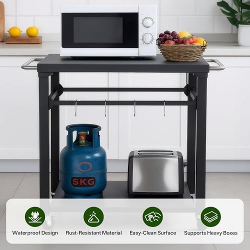 KEIKI 2-Tier Outdoor Grill Cart Table with 4 Wheels, Tool Hooks, Movable BBQ Cooking Prep Table, Pizza Oven Table, Serving Bar Cart for Backyard, Indoor, Outside, Kitchen, Stainless Steel
