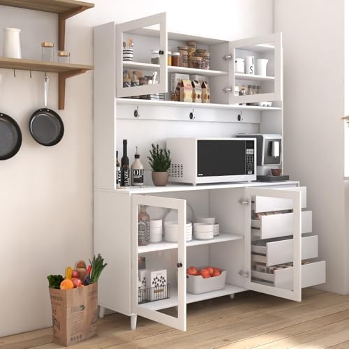 KEIKI 75" H x 63" W Kitchen Pantry Storage Cabinet with Countertop, Glass Doors, Drawers, Microwave Stand and Shelves, Tall Freestanding Wood Hutch Food Pantries Cupboard for Coffee Bar, Dining Room
