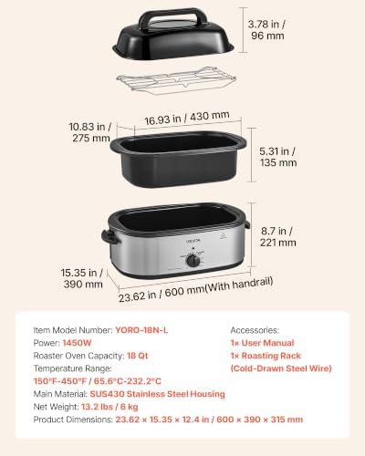 VEVOR Electric Roaster Oven, 18 Qt 1450W, Turkey Roasting Pan, Viewing Lid