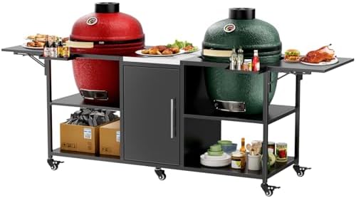 KEIKI Outdoor Grill Cart for Two Big Green Egg, Multi-Functional Movable BBQ Cart, Metal Grill Table Compatible with Large Big Green Egg, Kamado Joe 18 Inch,and Other Similar Models
