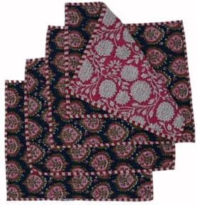 Cotton Block Print Quilted Reversible Placemats with Napkins, Floral Design, Dining Table Decor for Everyday Use, Set of 4 (Navy/Pink)