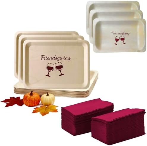 Perfect Stix Friendsgiving Plates and Napkins Set – 25 Large 10-Inch & 25 Small 7-Inch Eco-Friendly Wooden Plates with 50 Burgundy 2-Ply Dinner Napkins –Thanksgiving & Friendsgiving Gatherings